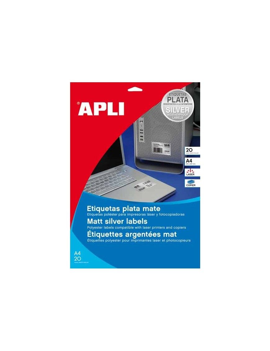 ETIQUETAS POLIESTER APLI PLATA A4 LASER 210 X 297