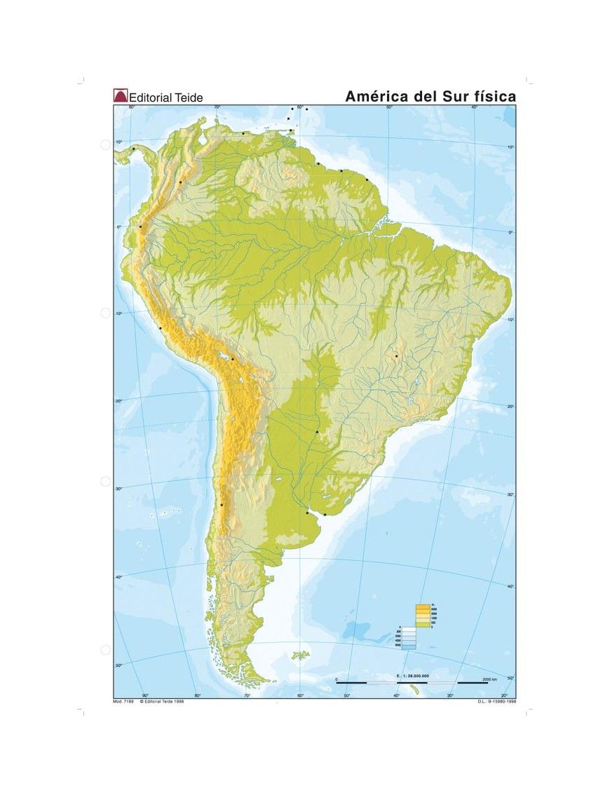 MAPA MUDO DE AMERICA DEL SUR FISICO 4 COLORES