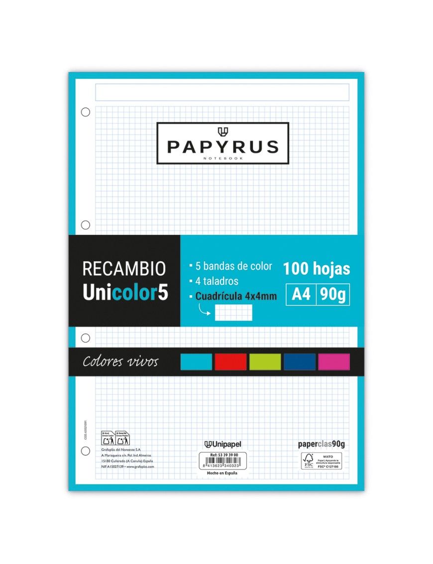 RECAMBIO PAPYRUS A4 UNI 5 100H/90GR COLORES VIVOS