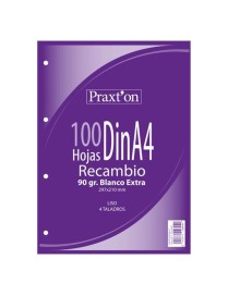 RECAMBIO PRAXTON A4 BLANCO LISO 100H 90G 4 TAL