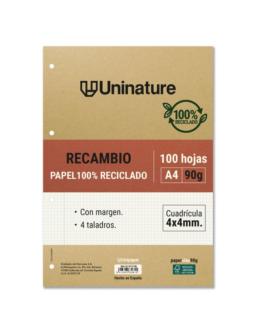 RECAMBIO RECICLADO A4 4 TAL 4X4 100H UNINATURE