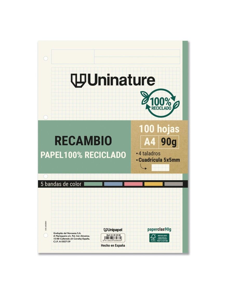 RECAMBIO RECICLADO A4 5X54 4 TAL COL UNINATURE
