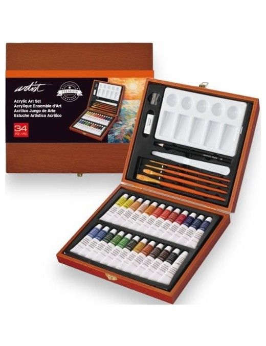 ESTUCHE MADERA ACRILICA 34 PIEZAS