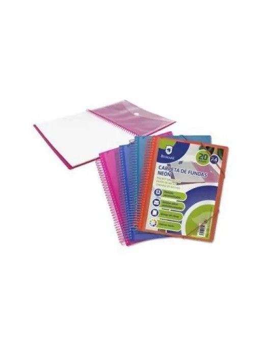 CARPETA FUNDAS ESPIRAL GOMAS Y CANGURO 20F NEON