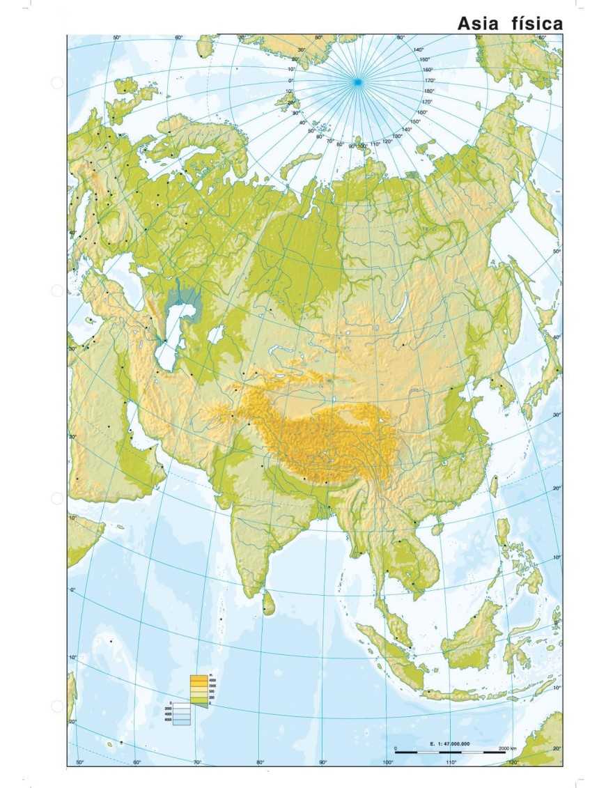 MAPA MUDO DE ASIA FISICO 4 COLORES